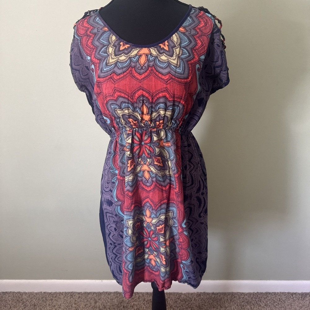 Boho Dress Mini Mandala Empire Waist Cotton Lattice Tie Sleeve Hippie Festival M